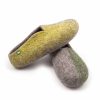 Womens wool felt slippers in spring colors from the SEASONS collection by Wooppers. We can see the lime green color on the side of the right shoe as it rests on the left one.
