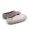 Winter - Wool slippers from the SEASONS collection by Wooppers. The shoes are felted in grey wool with a stylish cut at the opening and different colors on the side of each shoe - white for the right and black for the left. The slippers are photographed from the right back side.