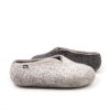 Pure natural wool slippers from the SEASONS collection by wooppers. This is a side view of a pair in grey. The right slipper has white on the right side of the shoe and the left has black on the left side of the shoe.