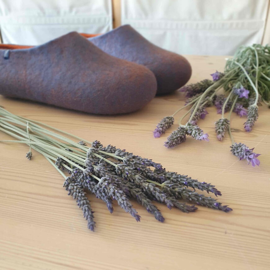 a pair of lavender blue colored Wooppers slippers placed next to lavender flowers.