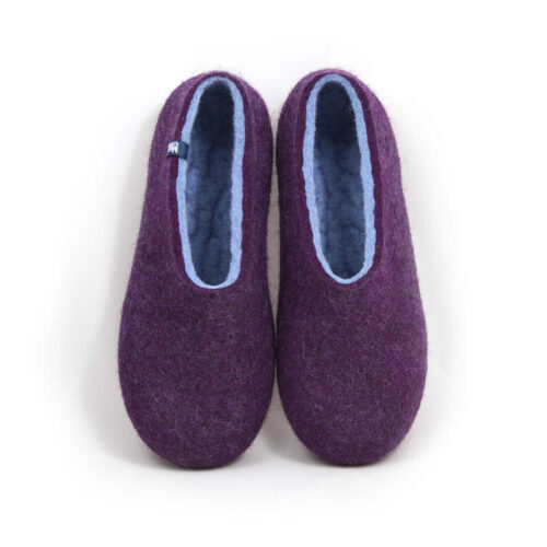 Purple wool slippers, baby blue on the inside as seen from the top.