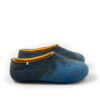 Pair of wool felt slippers for women from the AMIGOS collection in skyblue blue and yellow lining pictured from the side