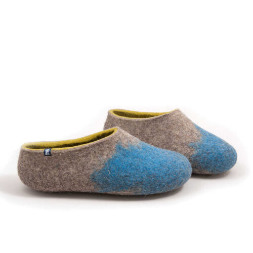 Seen from the right side - A pair of wool felt slippers (slip-on, closed-back, low-cut ankle) mottled grey with bright blue in the area of the toes and lime green on the inside. The whole shoe is one continuous piece of felt - no stitches.