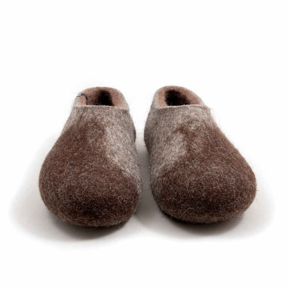 Pair of woolen felt slip-on slippers, rounded toes, low-cut openings, continuous shape (no seems) brown and beige, front view.
