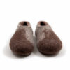 Pair of woolen felt slip-on slippers, rounded toes, low-cut openings, continuous shape (no seems) brown and beige, front view.