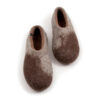 Wool felt slip-on slippers, rounded toes, low-cut openings, continuous shape (no seems) brown and beige, angled top view.