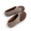 A pair of wool felt slip-on slippers, brown and beige, low-cut openings, continuous shape (no seems), shown from a rear-angled top view.
