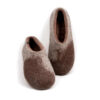 Woolen slippers brown-beige made of felted wool in a continuous rounded toes shape. Greige on the outside, dark brown in the area of the toes and dark beige on the inside.