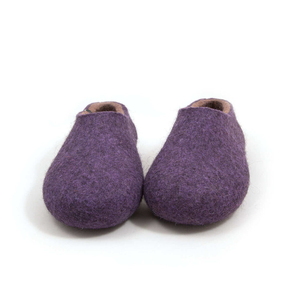 Pair of ladies' wool slippers in a closed shoe shape purple on the outside, brown on the inside, front view.