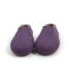 Pair of ladies' wool slippers in a closed shoe shape purple on the outside, brown on the inside, front view.