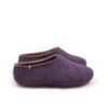 Pair of ladies' wool slippers in a closed shoe shape purple on the outside, brown on the inside, side view.