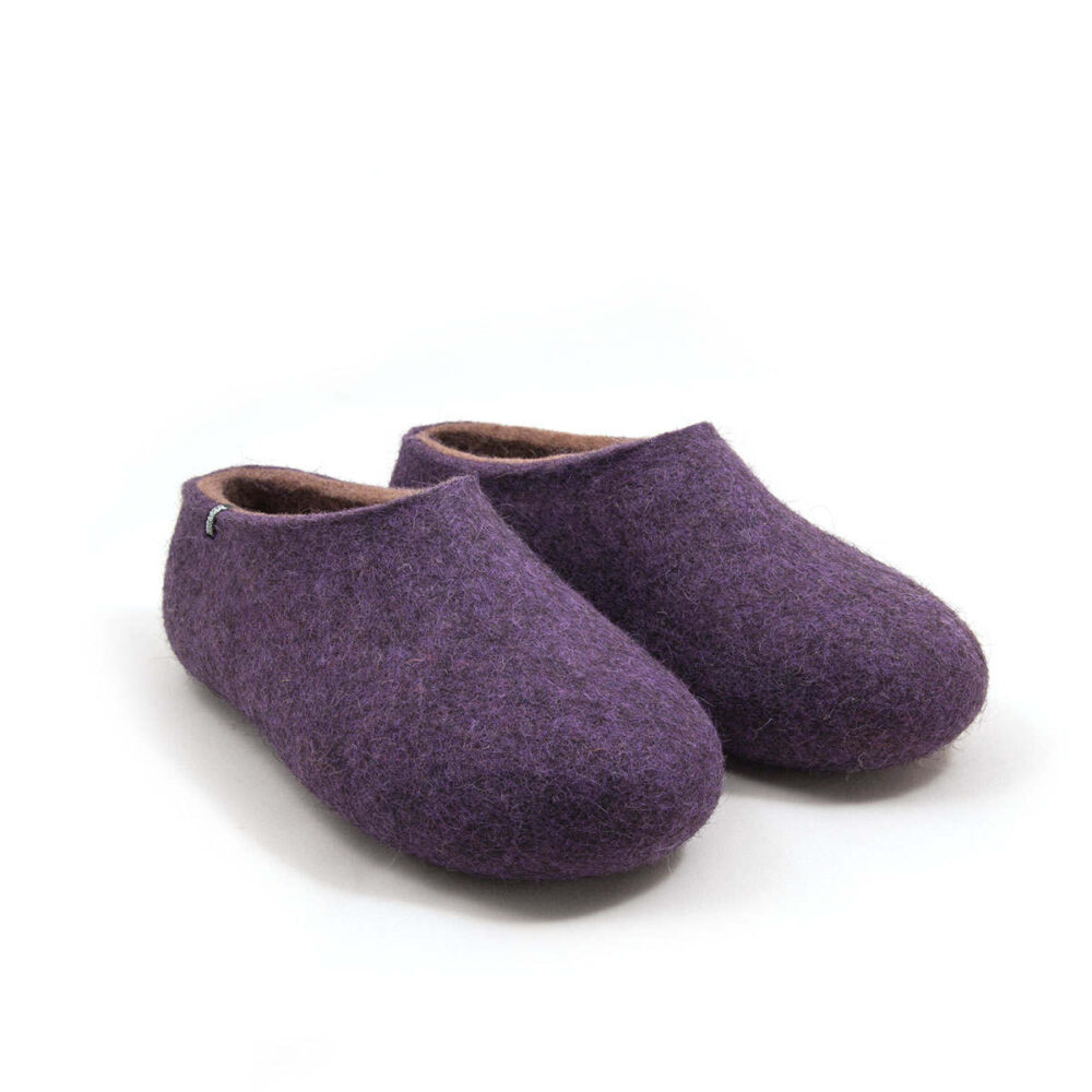 Pair of ladies' wool slippers in a closed shoe shape purple on the outside, brown on the inside, 3/4 view.