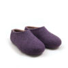 Pair of ladies' wool slippers in a closed shoe shape purple on the outside, brown on the inside, 3/4 view.