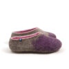 AMIGOS purple natural grey pink -b Side view of a pair of women's felt wool slippers, closed heel and toe box, natural grey with pink interior and purple on the toes area.