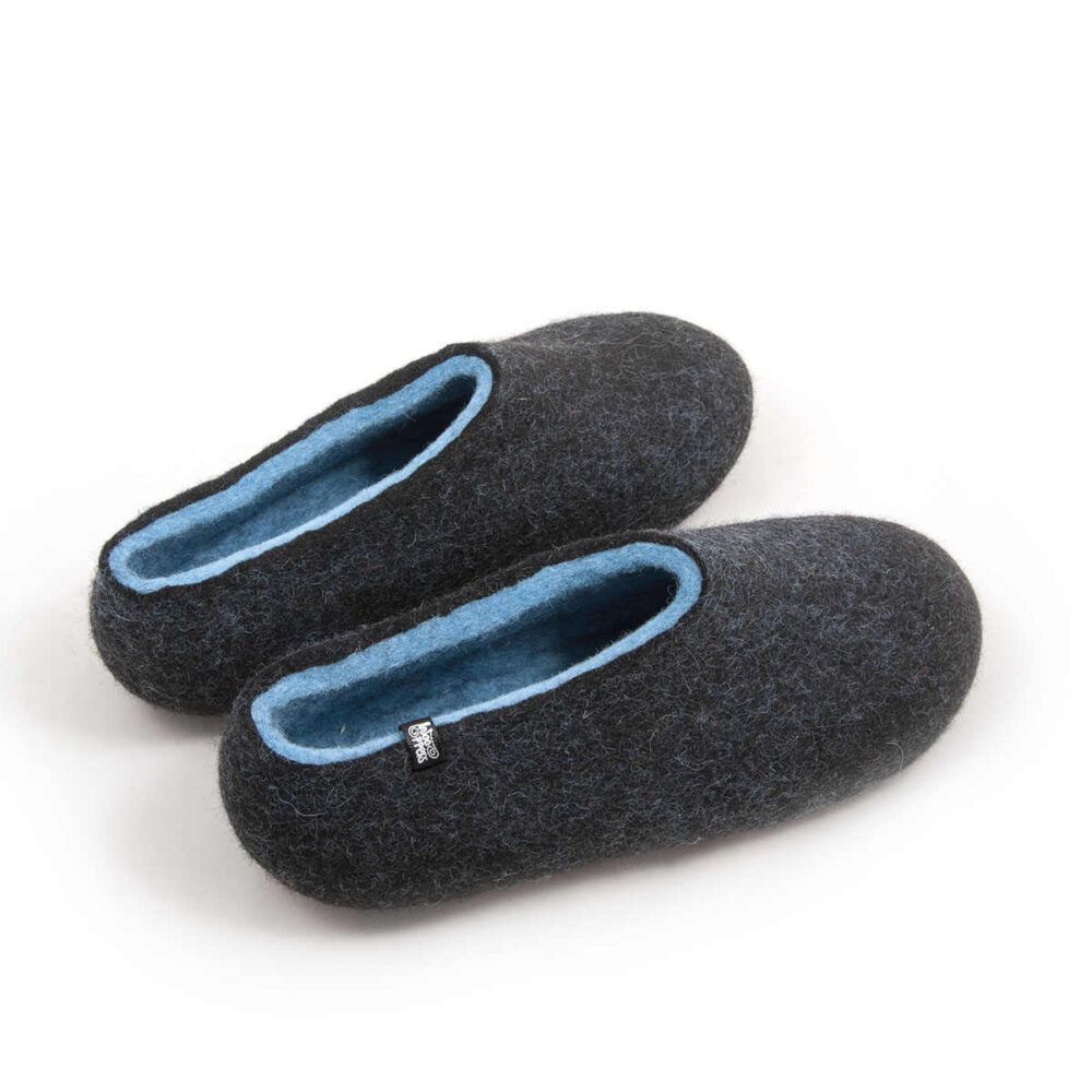 A pair of black wool slipper shoes with light blue on the inside. Seen from an elevated back view.