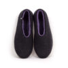 DUAL black lilac_a A pair of wool house slipper shoes with lilac on the inside. Top view.