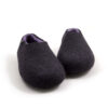 DUAL black lilac_b A pair of wool house slipper shoes with lilac on the inside. Front view.