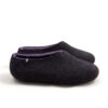 DUAL black lilac_e A pair of wool house slipper shoes with lilac on the inside. Side view.