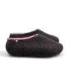 DUAL black pink_bb A pair of wool house slippers with pink on the inside. Side view.